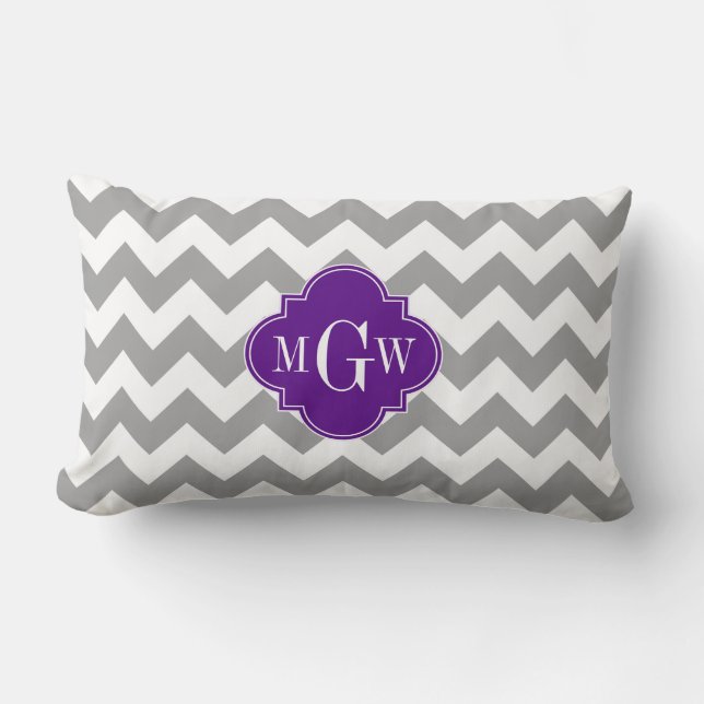 Grey Wht Chevron Purple Quatrefoil 3 Monogram Lumbar Cushion (Front)