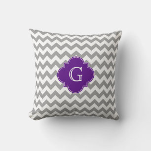 Grey Wht Chevron Purple Quatrefoil Monogram Cushion