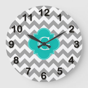 Grey Wht Chevron ZigZag Teal Quatrefoil Monogram Large Clock