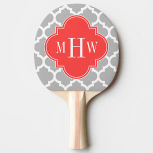 Grey Wht Moroccan #5 Coral Red 3 Initial Monogram Ping Pong Paddle