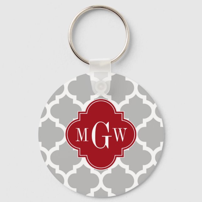 Grey Wht Moroccan #5 Cranberry 3 Initial Monogram Key Ring (Front)