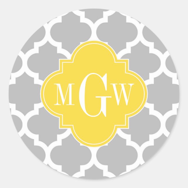 Grey Wht Moroccan #5 Pineapple 3 Initial Monogram Classic Round Sticker (Front)