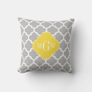 Grey Wht Moroccan #5 Pineapple 3 Initial Monogram Cushion