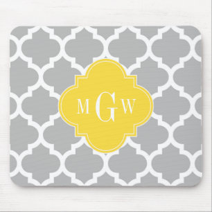Grey Wht Moroccan #5 Pineapple 3 Initial Monogram Mouse Mat