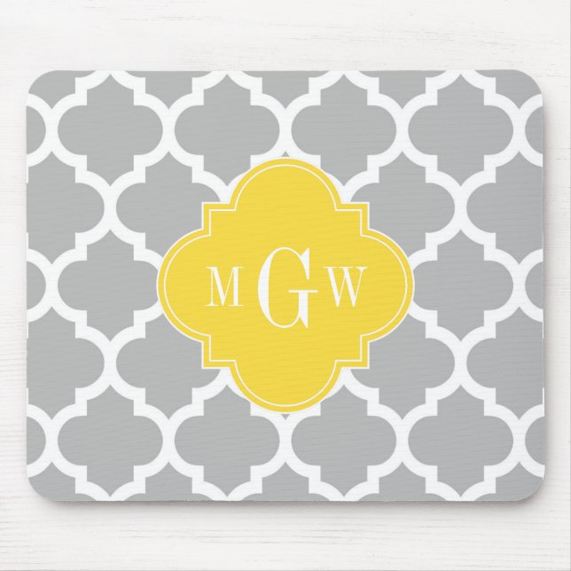 Grey Wht Moroccan #5 Pineapple 3 Initial Monogram Mouse Mat (Front)