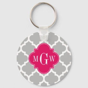 Grey Wht Moroccan #5 Raspberry 3 Initial Monogram Key Ring