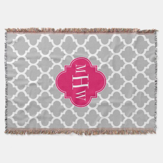 Grey Wht Moroccan #5 Raspberry 3 Initial Monogram Throw Blanket (Front)