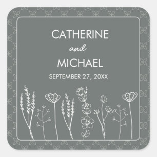 Grey Wildflower Bohemian Wedding Square Sticker