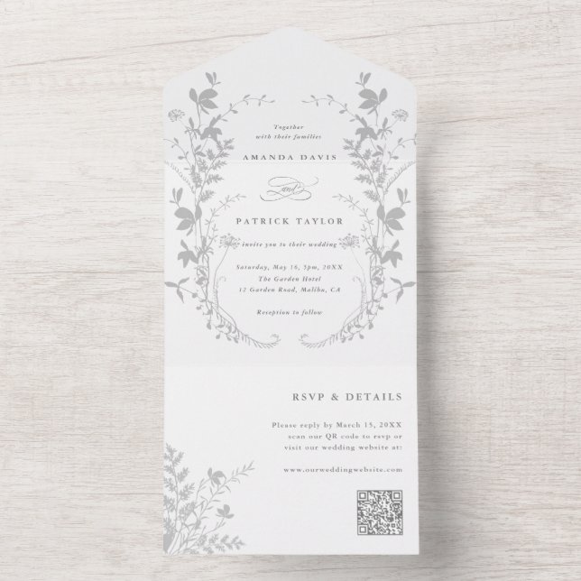 Grey Wildflower Silhouette Wreath Wedding All In One Invitation (Inside)