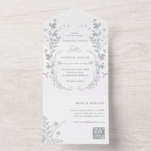 Grey Wildflower Silhouette Wreath Wedding All In One Invitation