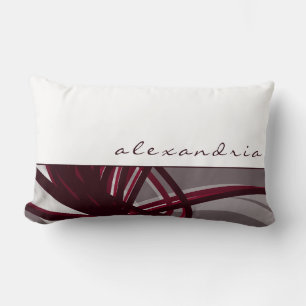 Grey & Wine Abstract Ribbons White Custom Name Lumbar Cushion