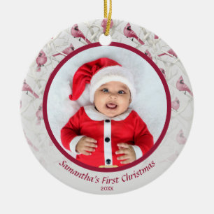 Grey Winter Cardinal Baby Personalised Photo Ceramic Tree Decoration