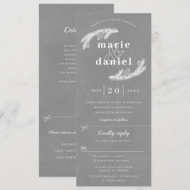 Grey winter wedding invitation w rsvp attached (Front/Back)
