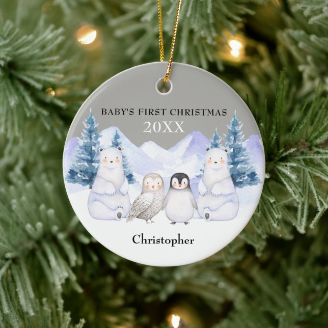 Grey Winter Woodland Animal Baby's First Christmas Ceramic Tree Decoration (Tree)