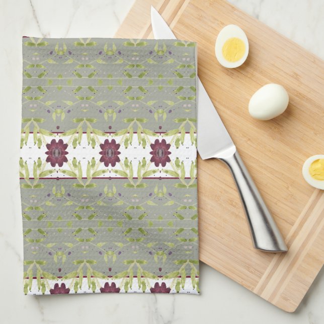 Grey With Burgundy Floral Kitchen Tea Towel (Quarter Fold)
