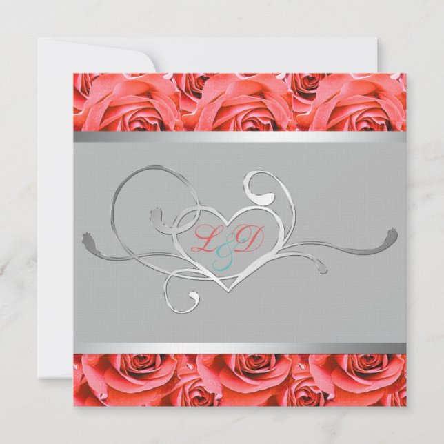 Grey with Coral Pink Roses Monogrammed Invitation (Front)