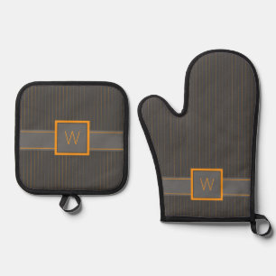 Grey with Orange Pinstripes Oven Mitt & Pot Holder Set