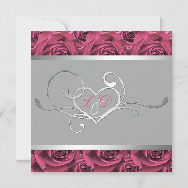Grey with Pink Roses Monogrammed Invitation (Front)