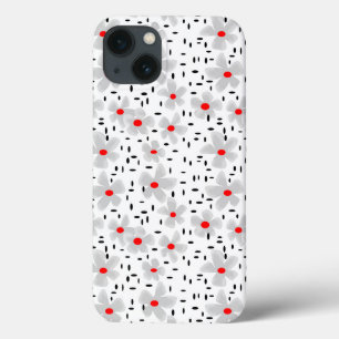 grey with red flowers on white background retro iPhone 13 case