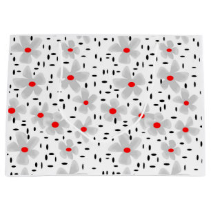 grey with red flowers on white background retro large gift bag