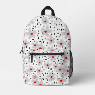 grey with red flowers on white background retro printed backpack