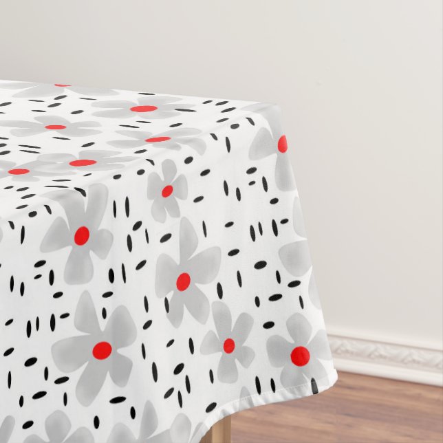 grey with red flowers on white background retro tablecloth (In Situ)