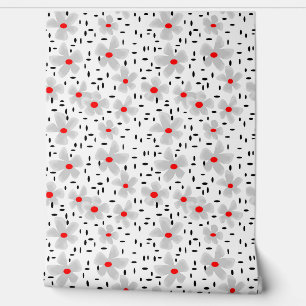 grey with red flowers on white background retro wallpaper