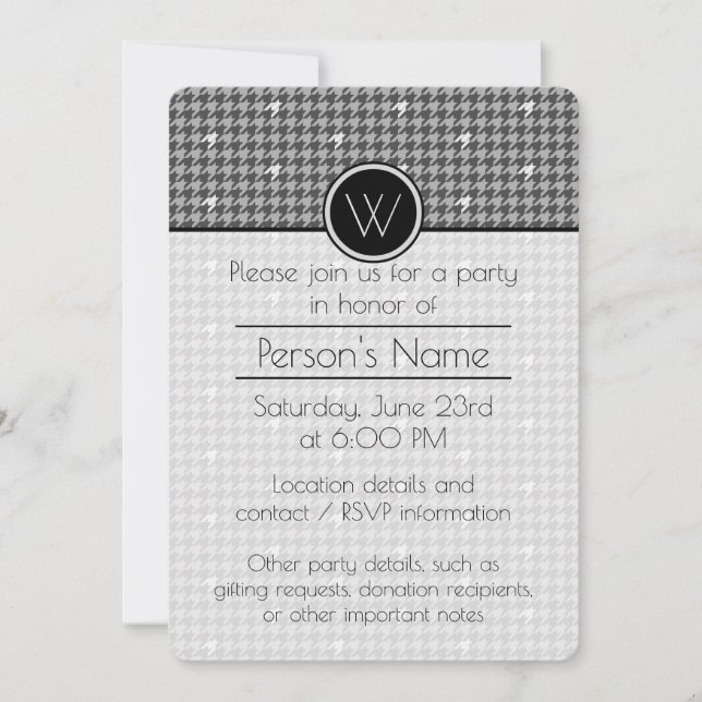 Grey with Silver Houndstooth Party Invitation (Front)