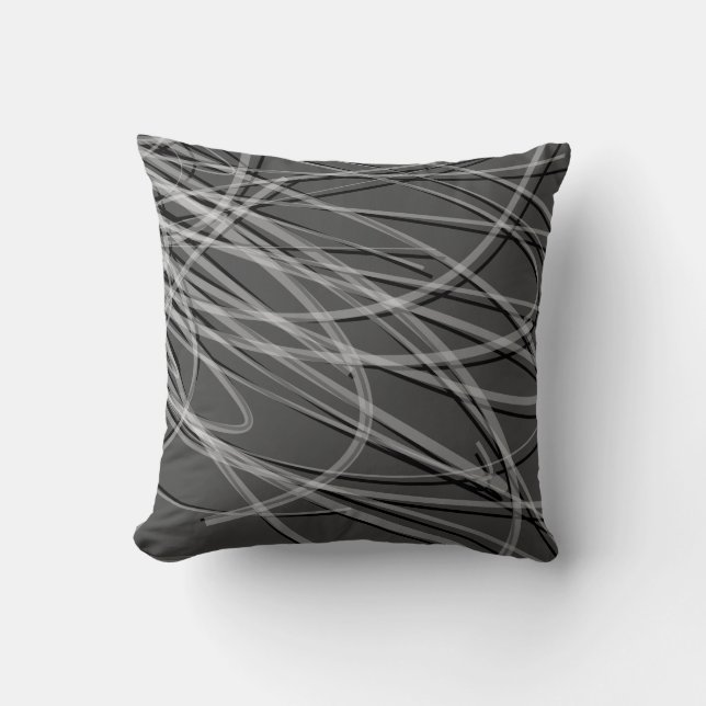 Grey with White & Black Abstract Ribbons Cushion (Front)