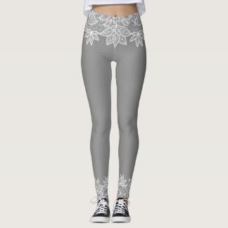 Grey with White Lace Look Spandex Leggings