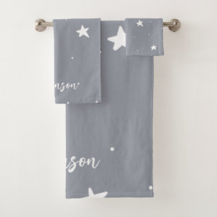 Grey with White Stars Personalised Bath Towel Set