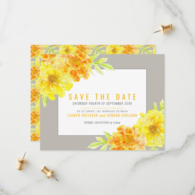 Grey with yellow marigolds watercolor wedding save the date (Front/Back In Situ)