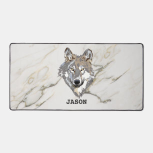 Grey Wolf And Marble Stone Desk Mat