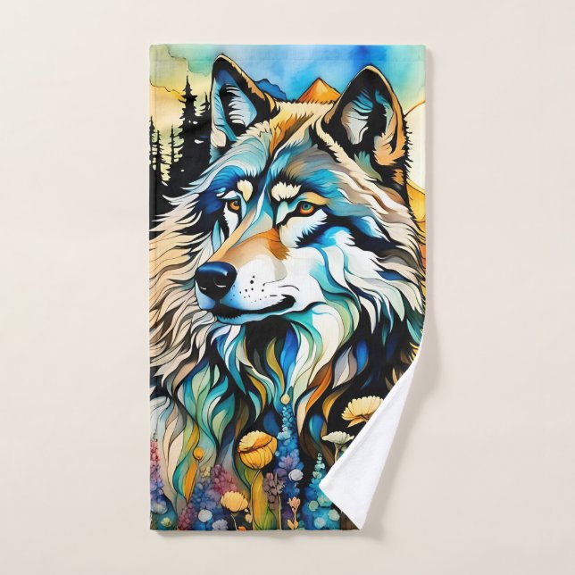 Grey wolf and Wildflowers Bath Towel Set (Hand Towel)