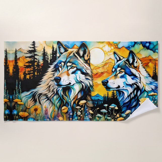Grey wolf and Wildflowers Beach Towel (Front)