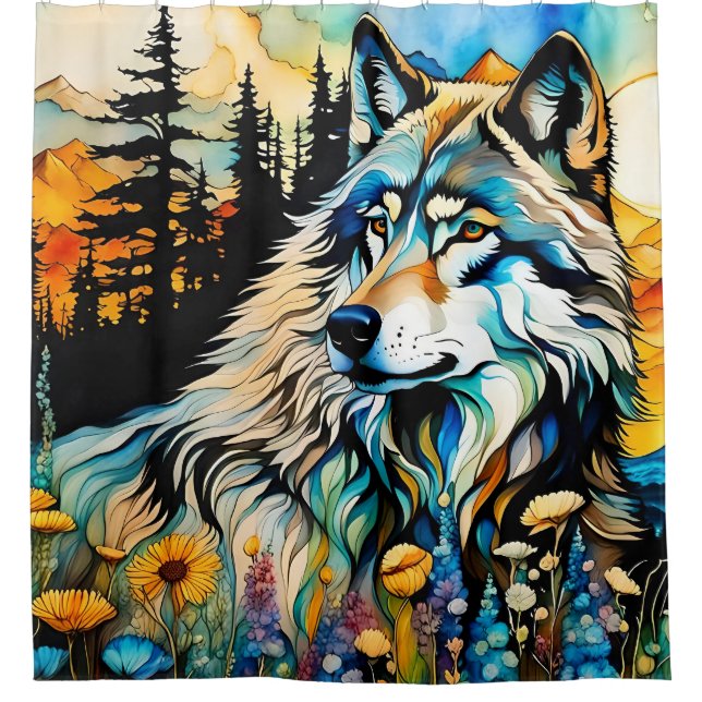 Grey wolf and Wildflowers Shower Curtain (Front)