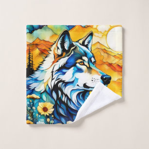 Grey wolf and Wildflowers Wash Cloth