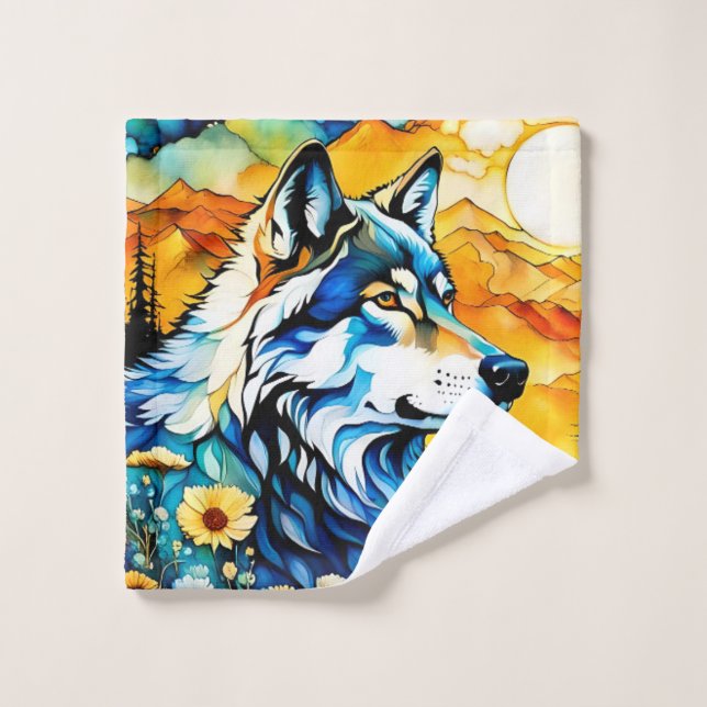 Grey wolf and Wildflowers Wash Cloth (Wash Cloth)