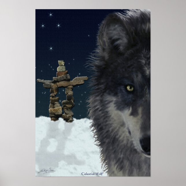 Grey Wolf, Arctic Inukshuk & Stars Art Poster (Front)