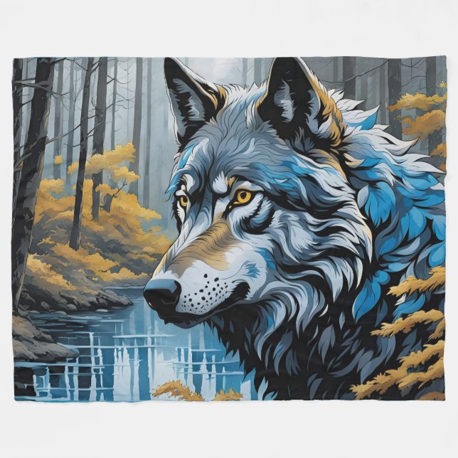 Grey Wolf at The Stream Fleece Blanket (Front (Horizontal))