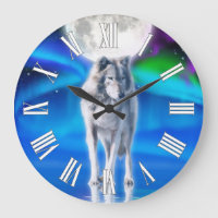 Grey Wolf & Aurora Moon Wildlife Art Clock