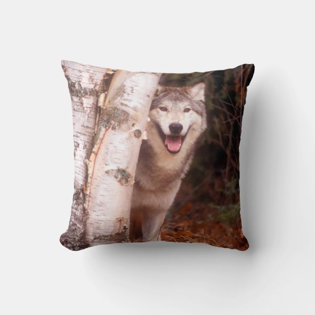 Grey Wolf Behind a Tree Cushion (Front)