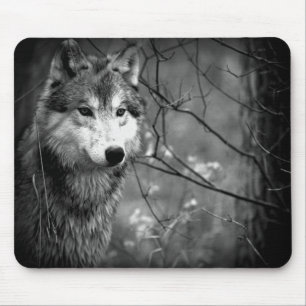 Grey Wolf - Black and White Mouse Mat