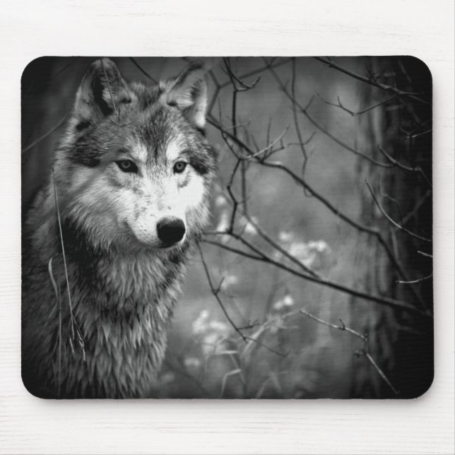 Grey Wolf - Black and White Mouse Mat (Front)