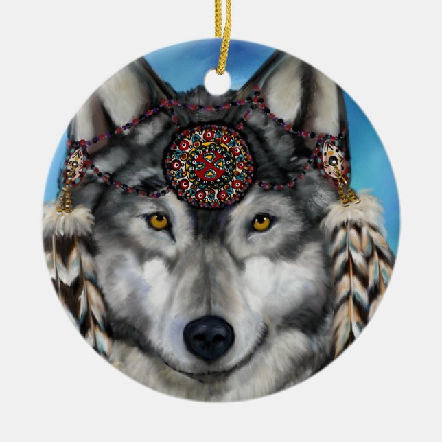 GREY WOLF CERAMIC TREE DECORATION (Front)