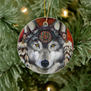 GREY WOLF CERAMIC TREE DECORATION