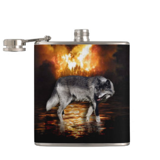 Grey Wolf Fire Flames Survivor Hip Flask