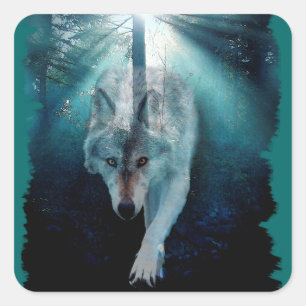 GREY WOLF & FOREST Wildlife Series Square Sticker