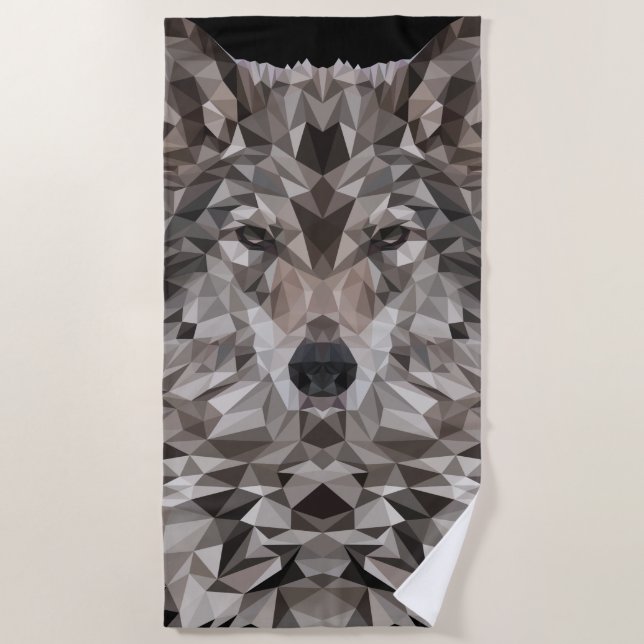 Grey Wolf Geometric Portrait Beach Towel (Front)