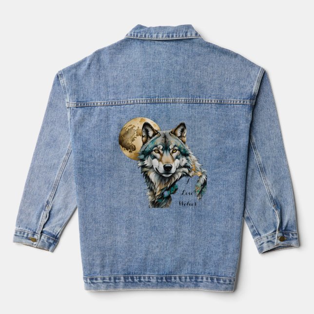 Grey Wolf & Gold Moon Teal *Personalise* Denim Jacket (Back)